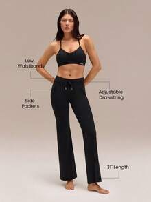 GLOWMODE 31" FeatherFit™ Endorphin Glow Buttery-Soft Stretchy Sweat-Wicking Slash Pockets Low-Rise Drawstring Waist Flare Leggings Low Impact Yoga Pilates Studio Daily Active Wear - Black - View 2