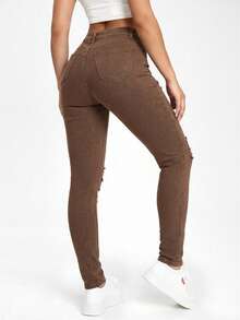 Rivivi Black Slant Pocket Ripped Skinny Jeans - Coffee Brown - View 2