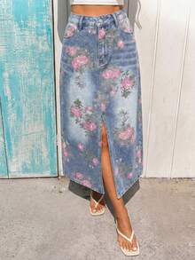 Vivid Eden Women's High Waist Pocketed Floral Pattern Slit Hem Casual Denim Skirt - Blue - View 1