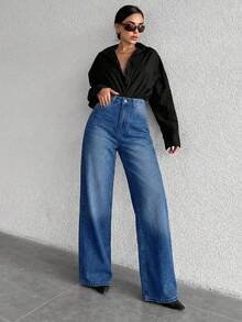 Women's Casual Washed High Waist Wide Leg Jeans - Medium Wash - View 3