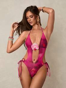 Swim Glamine 26SS 女士春夏沙滩连衣裙，连体式，性感优雅波西米亚风蝴蝶兰花渐变印花，可调节细肩带，深V领连体泳衣 - 紫羅蘭色 - 查看 4