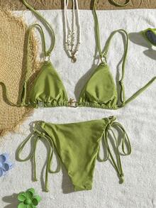 Swim Mod 2pcs/Set New Random Green Triangle Strap Sexy Elegant Vacation Bikini Set, Suitable For Beach, Pool, Party - Green - View 2