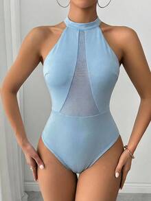 Glamine Body de malla con cuello halter para mujer, versátil para uso diario - Celeste - Ver 6