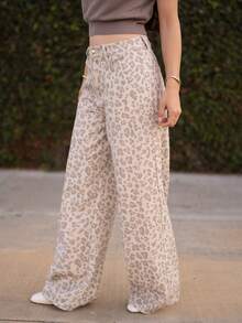 Andrea Bello Women's Leopard Print Pocket Wide Leg Loose Casual Versatile Jeans - Beige - View 5