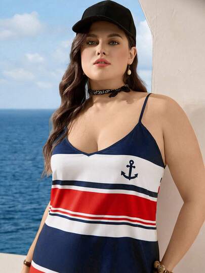 Zelara Vestido de verano de talla grande para mujer con cuello en V, largo medio y abertura lateral, vestido casual náutico