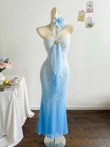 Soleia 女士度假针织网纱渐变浪漫修身露背系带金属扣装饰鱼尾连衣裙，适合派对、约会、下午茶等场合，性感优雅 - 淺藍色 - 查看 3