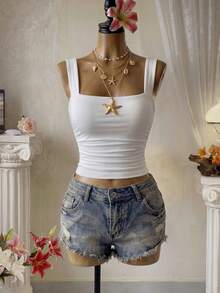 Femesol Solid Ruched Crop Cami Top Basic Top - White - View 1