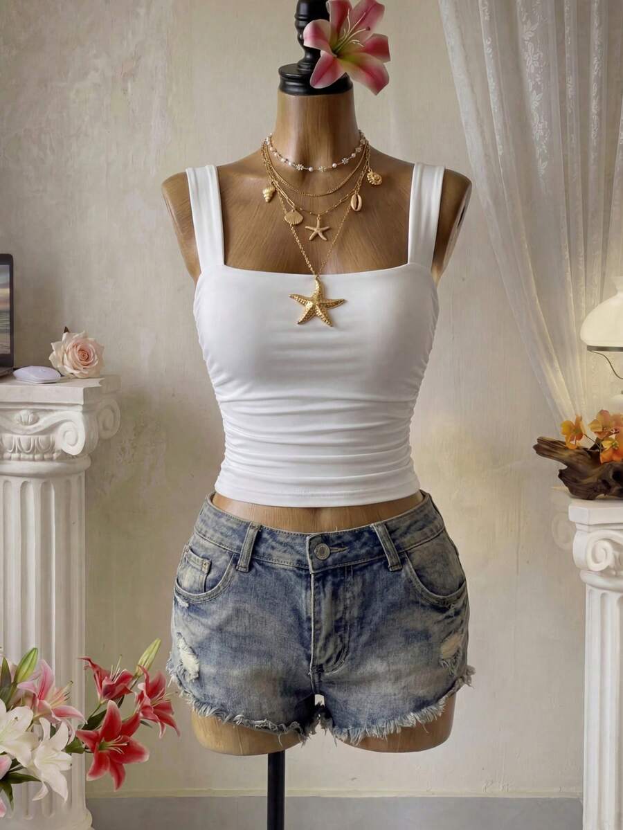 Femesol Solid Ruched Crop Cami Top Basic Top - White - View 1