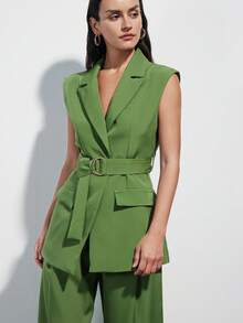 Aveloria Modichic Minimalist Versatile Commuting Chic Sleeveless Lapel Belt Blazer Jacket Paired With Wide Leg Suit Pants, Women's Suit Set - Green - View 4