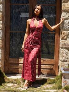 KARISMINA Spring & Summer Vacation Knitted Polka Dot Print Halter Backless Dress For Women,Summer Dresses For Women - Burgundy - View 5
