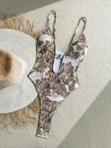 Soleia Women's Halter Neck One-Piece Swimsuit With Paisley Print, Suitable For Beach Vacation, Pool Party, Beach Party - Multicolor - View 3