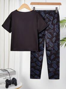 2件套青少年男童极简时尚游戏元素印花短袖上衣搭配经典游戏手柄印花宽松牛奶丝针织裤家居服套装 - 彩色 - 查看 2