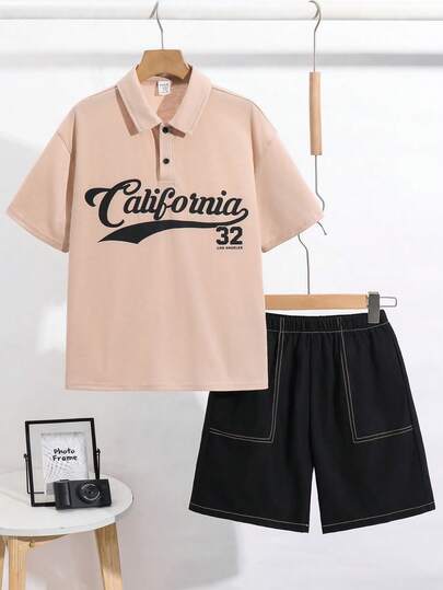 SHEIN Tween Boy Casual Loose Street Graffiti Letter Pattern Lapel Short Sleeve Shirt And Black Shorts Sports Pants Y2K Outfit, Suitable For Spring/Summer Seasons, School, Sports, Outings