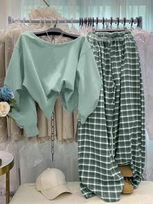 INAWLY Conjunto de sudadera de hombros caídos y pantalones a cuadros casual para mujer - verde menta - Ver 2