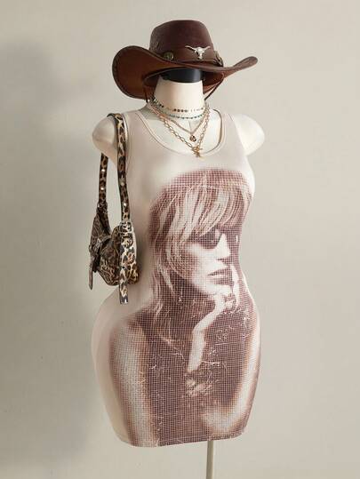 SHEIN ICON Plus Size Women's Spring/Summer Retro Sexy Millennial Style Y2K Bohemian Style Music Festival Outfit Fashionable Individual Avant-Garde Bold Urban Modern Mosaic Portrait Pattern Apricot Slim Fit Casual Vest Dress