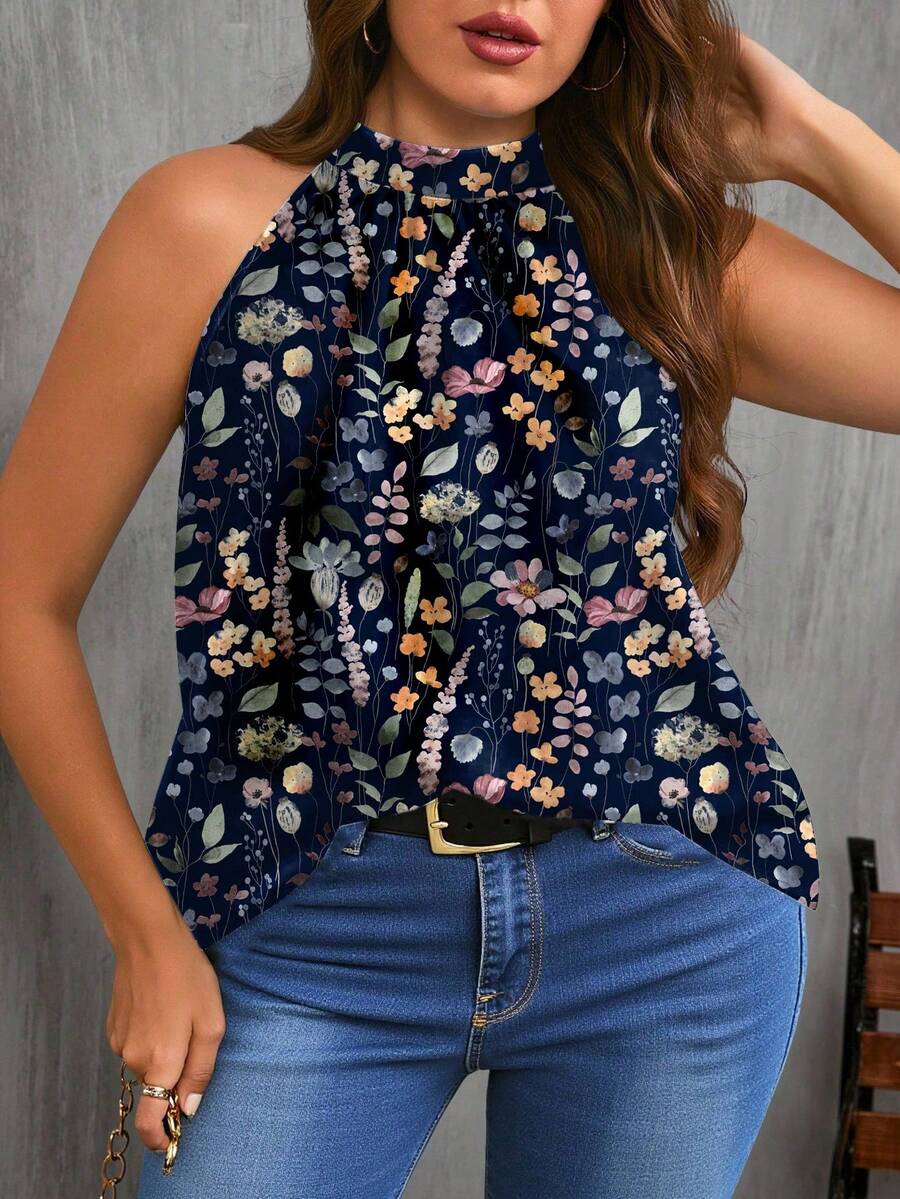 EMERY ROSE Áo kiểu cổ yếm in hoa dành cho nữ cỡ lớn, thích hợp mặc hàng ngày vào mùa hè. Áo cổ yếm in hoa cho nữ, áo kiểu cổ yếm in hoa cho nữ, kiểu dáng thanh lịch thường ngày, kiểu dáng mới nhất cho nữ, áo nữ mùa hè. - Nhiều màu - Xem 1