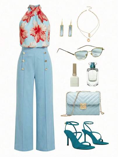 Ellevyn Women's Elegant Floral Print Halter Top And Pants Two Pieces Set, Summer  Summer Outfit For Women St Patrick's Day Women Graduation Outfit For Mother