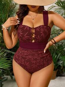 Swim Vcay Bộ đồ bơi liền thân cao cấp in họa tiết lá cọ cổ điển dành cho nữ cỡ lớn, thích hợp cho kỳ nghỉ biển hoặc nghỉ dưỡng. - Màu Đỏ Sâu - Xem 4