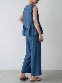 SHEIN LUNE 女士休闲度假通勤纯色荷叶边下摆无袖上衣和长裤两件套，春夏款 - 藍色 - 查看 2