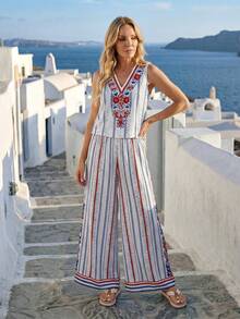 Faunlyn 女士优雅褶皱V领杏色短袖衬衫，适合海滩度假，夏季休闲套装，女士夏季套装，女士夏季休闲装。 - 彩色 - 查看 4