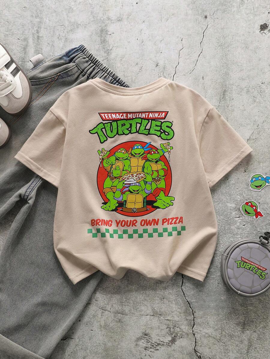 TEENAGE MUTANT NINJA TURTLES | SHEIN Áo thun tay ngắn cổ tròn in chữ hoạt hình phong cách thường ngày cho bé trai, đa năng. - Màu Khaki - Xem 1
