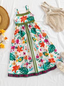 Emery Rose Kids Vestido casual de vacaciones sin mangas con estampado tropical para niña - Verde - Ver 3