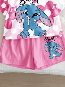 两件套女童字母卡通印花短袖T恤和短裤，适合暑期上学、户外野餐、休闲外出、街头风、居家穿着 - 彩色 - 查看 5