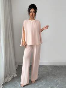 Elenzga Women's Batwing Sleeve Beaded Collar Vacation Style 2 Pieces Set - Dusty Pink - View 4
