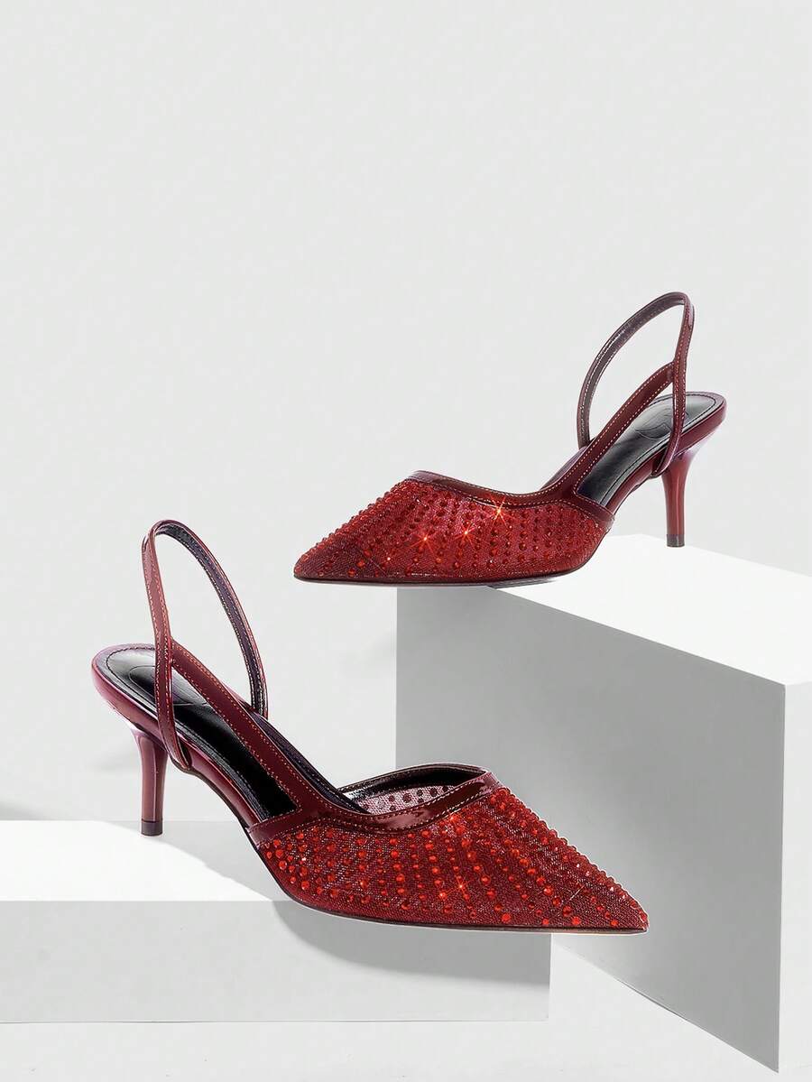 CUCCOO SZL Women's Shoes, Fashionable Light Gold Mesh Rhinestone Stiletto Pointed High Heels With Back Strap Disco Party Night Out Spring Shoes Spring Break Easter Prom Heels For Christmas Spring Shoes - dark burgundy - View 1