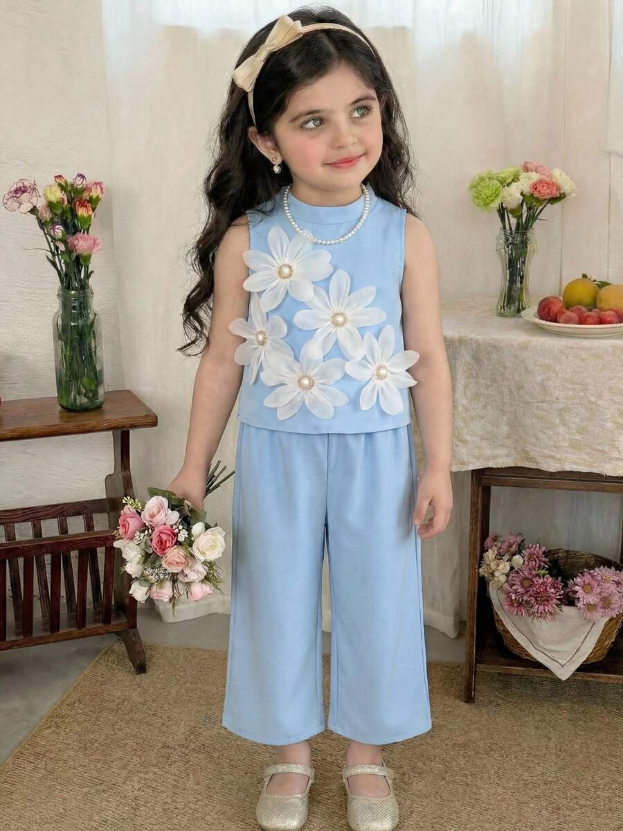 SHEIN 2 buc fete top fără mâneci floral galben strălucitor și pantaloni largi cu picior larg la modă - Albastru - Vizualizare 1