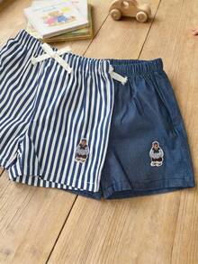 Cozy Pixies 2pcs Young Boy Cartoon Bear Print Striped Elastic Waist Shorts Set - Multicolor - View 4
