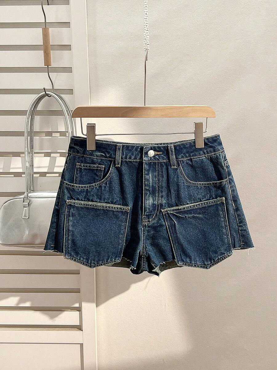 Elamini 女士休闲日常口袋纽扣牛仔短裤 - 深色水洗藍 - 查看 1