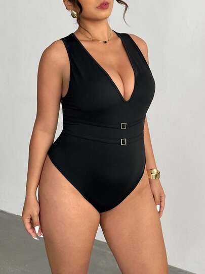 Firerie 优雅性感派对俱乐部机车风黑色连体衣，露背深V镂空金属扣紧身连体衣，黑色，春夏，音乐节假日海滩装扮，机场穿搭，度假装扮