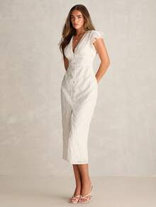 Enchnt Đầm Jacquard thanh lịch dành cho nữ với tay áo phồng và thiết kế cài nút. - trắng - Xem 4
