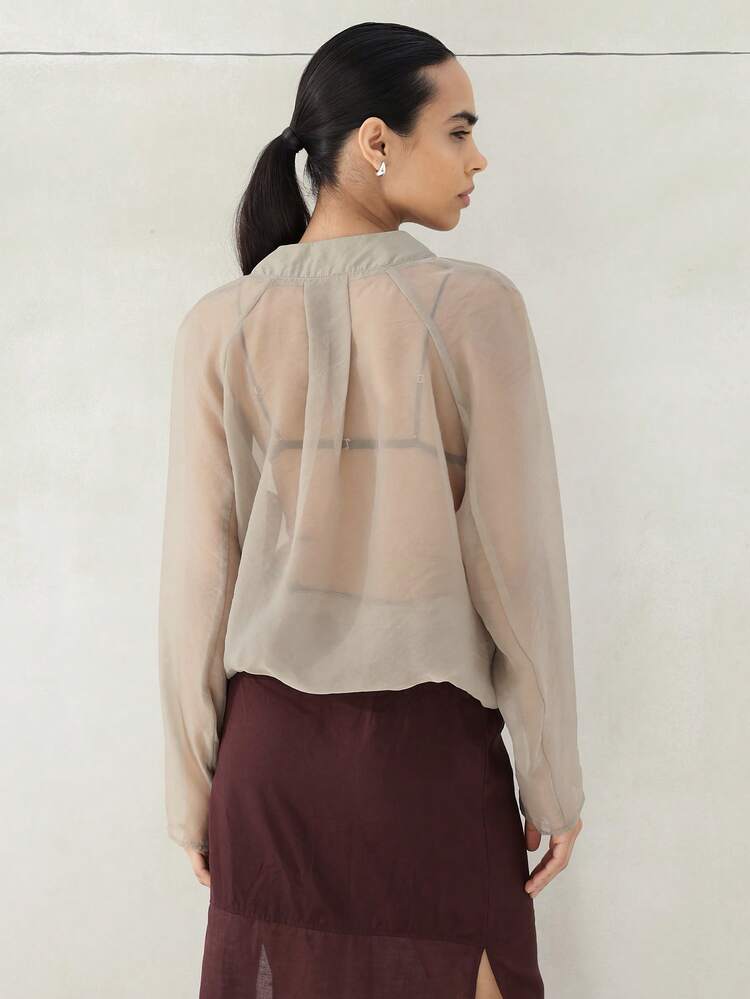 KSTM Women's Sheer Organza Long Sleeve Button Front Blouse Lightweight Semi Transparent Collared Top Fall Spring Casual Professional Layering Piece