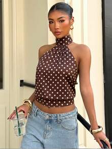 Muchica Women's Polka Dot Turtleneck Zipper Knit Camisole, Sleeveless, Minimalist Casual, Versatile For Daily Commute, Summer - Multicolor - View 5