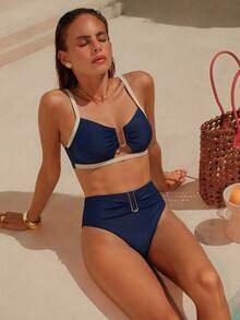 Swim Chiccia 2026春夏棕色粗肩带可调节金色U型装饰高腰荷叶边设计女士优雅比基尼泳装两件套 - 彩色 - 查看 4