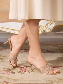 CUCCOO TILAWA Sandalias de tacón alto para mujer con puntera cuadrada, tacón delgado, película transparente dorada, hueco, rhinestone, sexy, elegante y glamoroso. Sandalias versátiles para usar con faldas en eventos, fiestas y uso diario. - Dorado - Ver 4