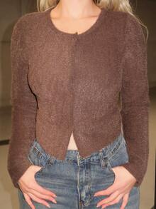 Turnttoni 2件套女士秋冬时尚棕色毛绒修身露脐上衣和开衫套装长袖女装 - 咖啡棕 - 查看 3