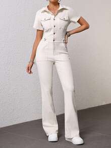 SHEIN EZwear 女款翻領鈕扣口袋休閒日常牛仔喇叭褲連身褲 外出辦公米白色夏季 - 杏色 - 查看 6