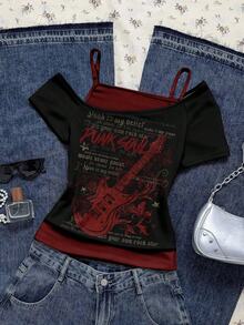 Attitoon Women's Retro Contrast Color Short Sleeve T-Shirt,Red Guitar Rock & Roll Graphic Print,Grunge Vintage Chic,Y2K Black Summer Streetwear Concert Tee - Multicolor - View 6