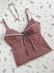 Elamini 女士格子印花撞色滚边休闲吊带衬衫 - 彩色 - 查看 5