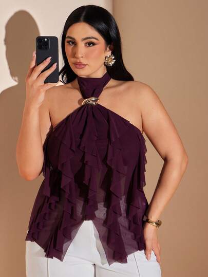 Plus Size Women's Wine Red Flounce Halter Neck Long Blouse, Elegant Multi-Layer Ruffle Trim Stand Collar Fitted Tank Top Purple Figure Flattering Elegant, Chic Sexy Top