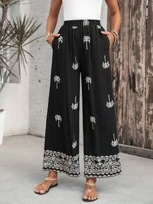 EMERY ROSE Women's Vacation Palm Tree Pattern Pocket Wide Leg Pants - Black - View 5