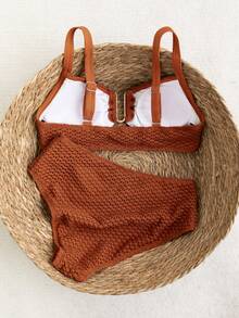 Swim Chiccia 2026春夏橙色粗肩带可调节金色U型装饰高腰亮片设计女士优雅比基尼泳衣两件套 - 橘色 - 查看 5