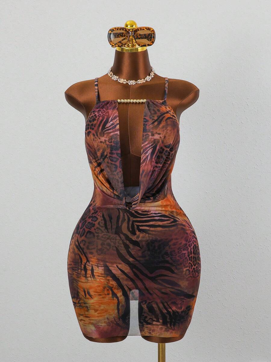 Slaydiva 新款女士泳衣罩衫连体裤，性感印花网纱面料，适合海滩度假，春夏皆宜 - 彩色 - 查看 1