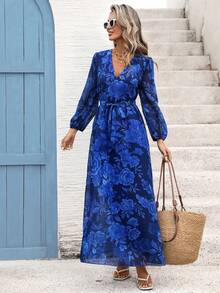 SHEIN Holidaya Đầm maxi chiffon dáng dài, cổ chữ V, tay phồng, thắt eo, in họa tiết hoa hồng Pháp lãng mạn, thích hợp cho kỳ nghỉ hè, hẹn hò hoặc mặc thường ngày. - Màu xanh lam - Xem 8