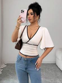 Elenzga Women's Elegant Versatile Solid Color Contrast Trim V-Neck Ruffle Sleeve T-Shirt - Apricot - View 4