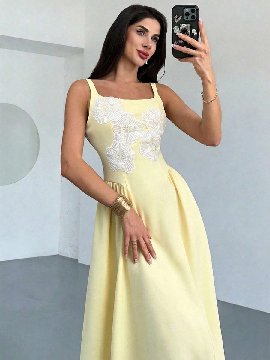 Firerie Vestido de mujer con volantes y bordado floral elegante