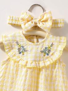 新生女宝宝夏季新款黄白格子刺绣荷叶边连衣裙+蝴蝶结发带两件套优雅套装 - 黃色 - 查看 5